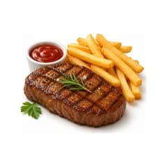 Filé com fritas em render 3D, fundo branco